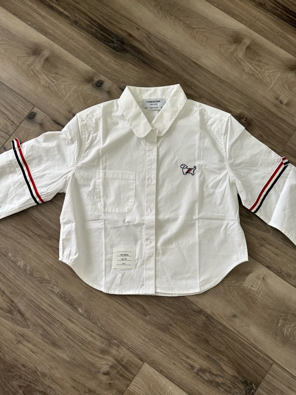 Thom Browne White Cotton Button-Down with Red & Navy Stripe Detail
